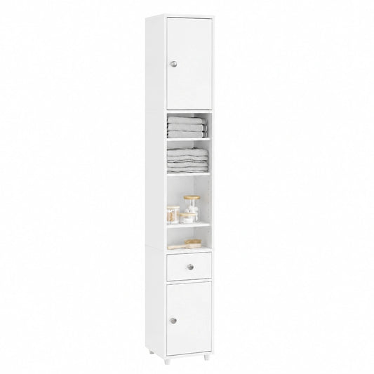 Hoge Smalle Ruimtebesparende Badkamerkast 20 × 20 × 180 cm voor WC, Vrijstaande Kolomkast met Verstelbare Planken en Lade, Opbergkast